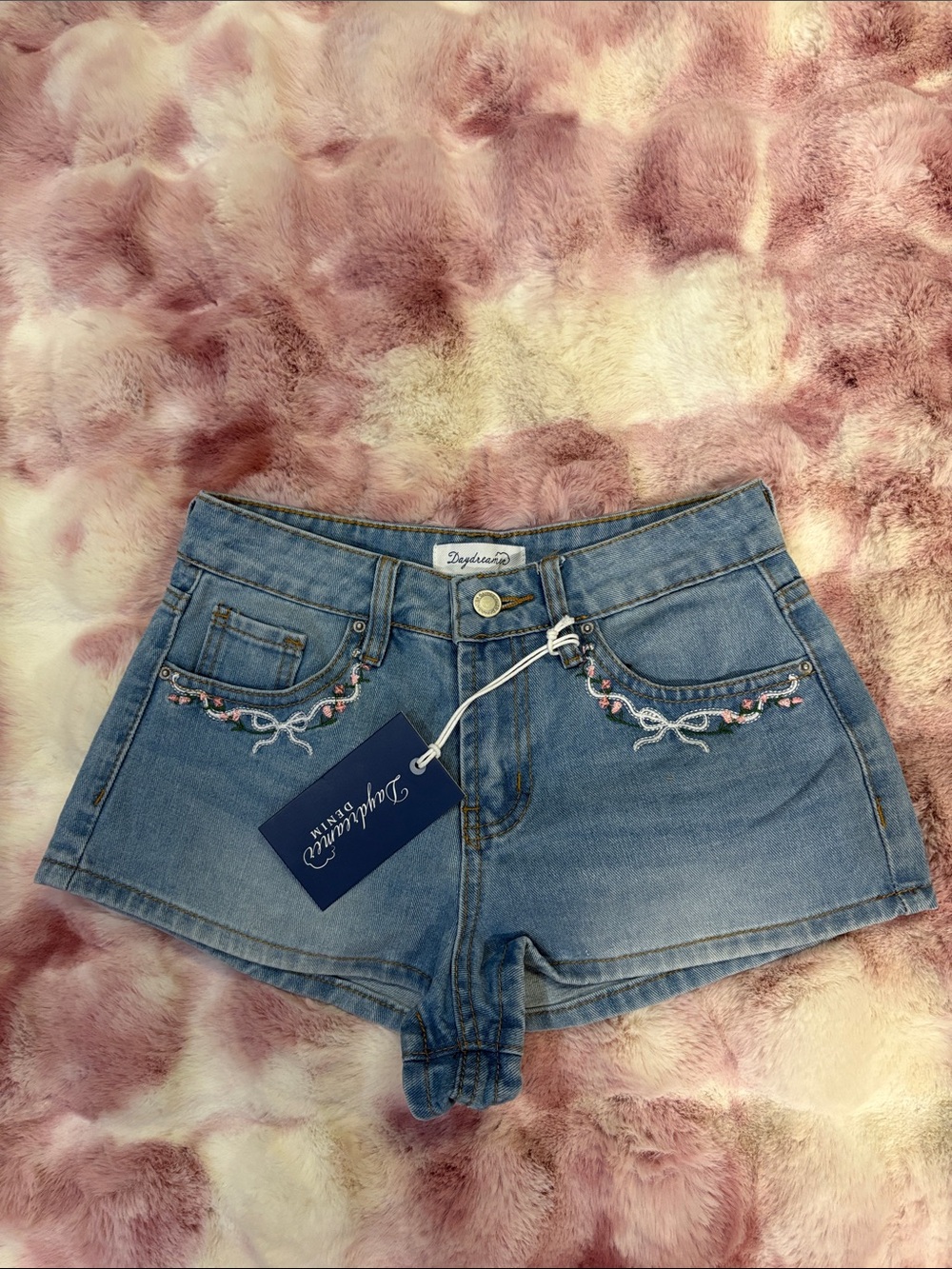 Daydreamer Light Blue Embroidered Denim Shorts